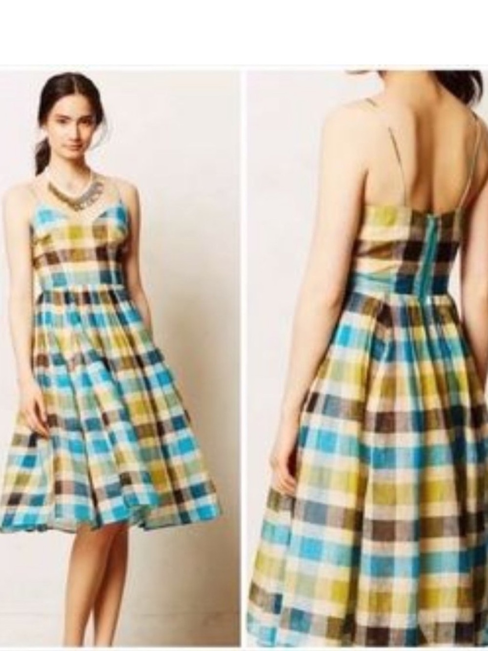 Anthropoligie Tracy Reese Check Linen Midi Dress | Size 8
